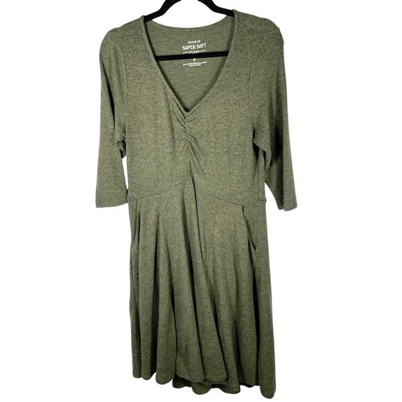 Torrid, Size 0 (12), Olive Green Supersoft Knit Fit & Flare Midi Dress, Pockets - Picture 1 of 8